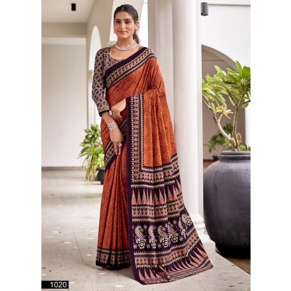 Generic Women's Cotton Printed Saree With Unstitched Blouse 5.5Mtr (Purple)