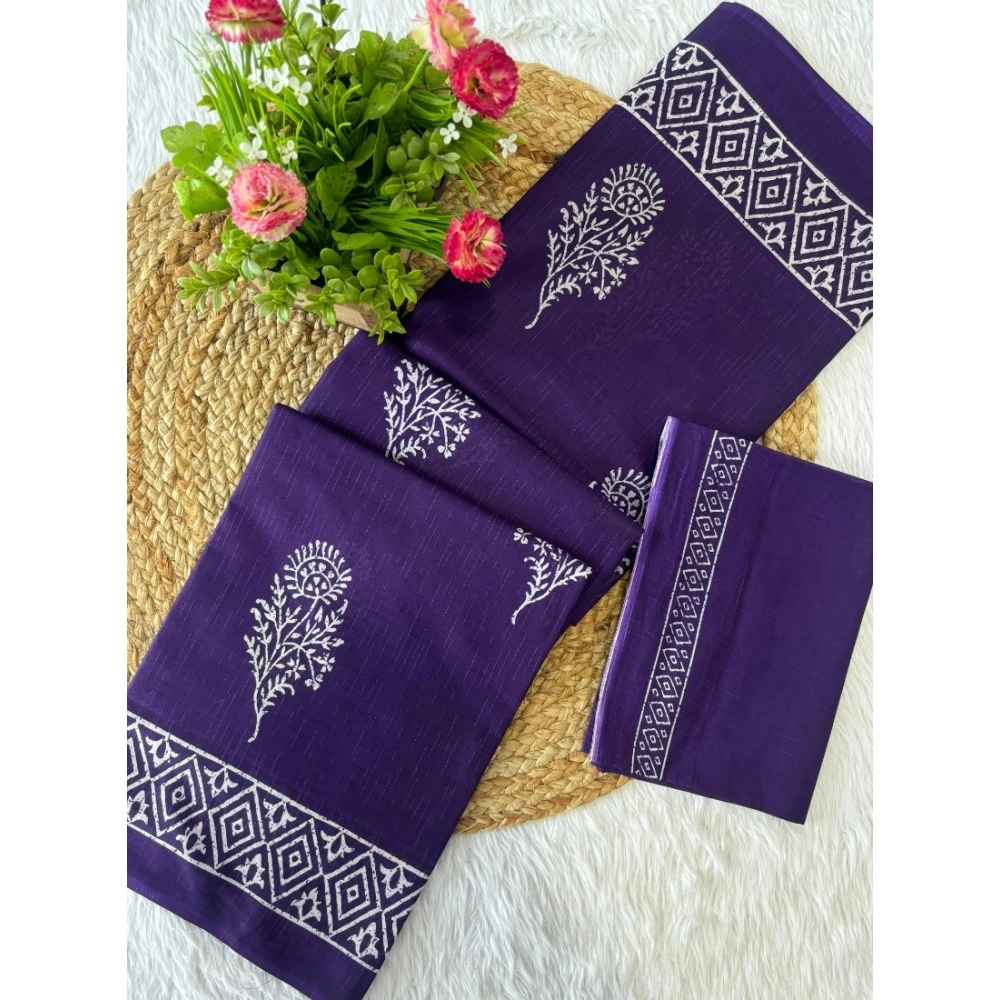 Generic Women's Cotton Printed Saree With Unstitched Blouse 5.5Mtr (Purple)