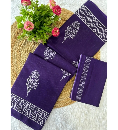 Generic Women's Cotton Printed Saree With Unstitched Blouse 5.5Mtr (Purple)