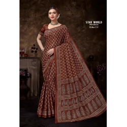 Generic Women's Cotton Printed Saree With Unstitched Blouse 5.5Mtr (Brown)