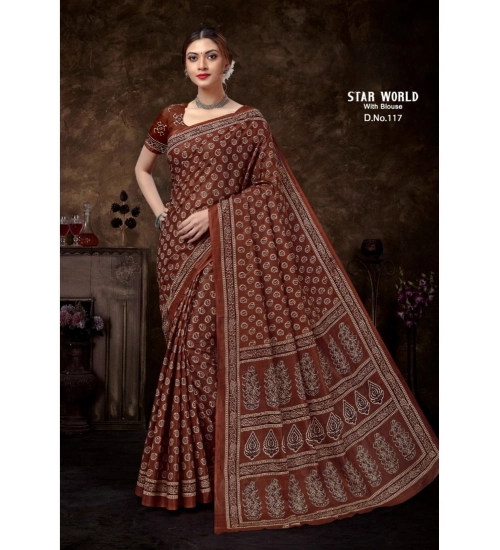 Generic Women's Cotton Printed Saree With Unstitched Blouse 5.5Mtr (Brown)