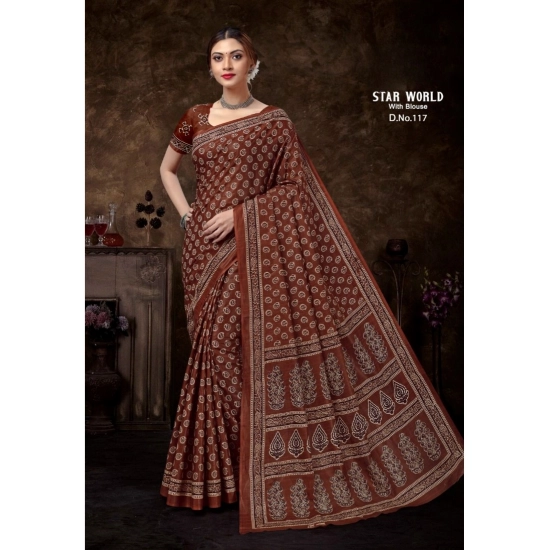 Generic Women's Cotton Printed Saree With Unstitched Blouse 5.5Mtr (Brown) Generic Women's Cotton Printed Saree With Unstitched Blouse 5.5Mtr (Brown)