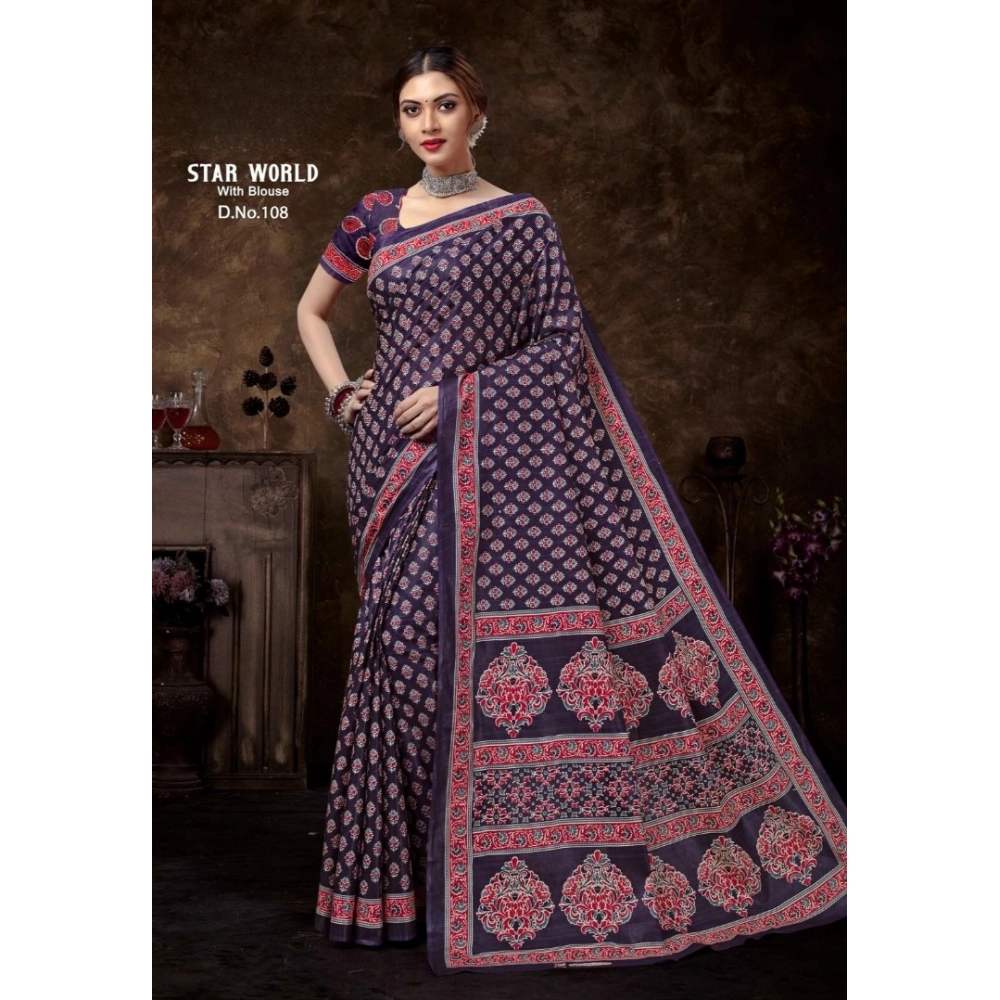 Generic Women's Cotton Printed Saree With Unstitched Blouse 5.5Mtr (Purple)