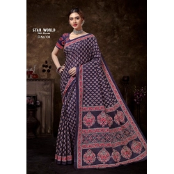 Generic Women's Cotton Printed Saree With Unstitched Blouse 5.5Mtr (Purple)