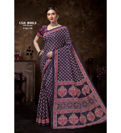 Generic Women's Cotton Printed Saree With Unstitched Blouse 5.5Mtr (Purple)