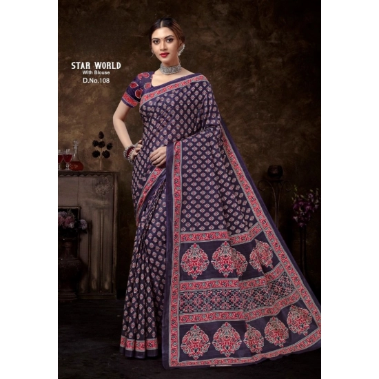 Generic Women's Cotton Printed Saree With Unstitched Blouse 5.5Mtr (Purple) Generic Women's Cotton Printed Saree With Unstitched Blouse 5.5Mtr (Purple)
