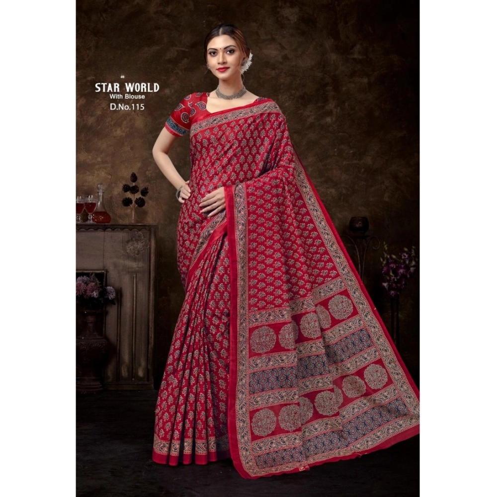 Generic Women's Cotton Printed Saree With Unstitched Blouse 5.5Mtr (Red)