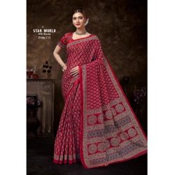 Generic Women's Cotton Printed Saree With Unstitched Blouse 5.5Mtr (Red)