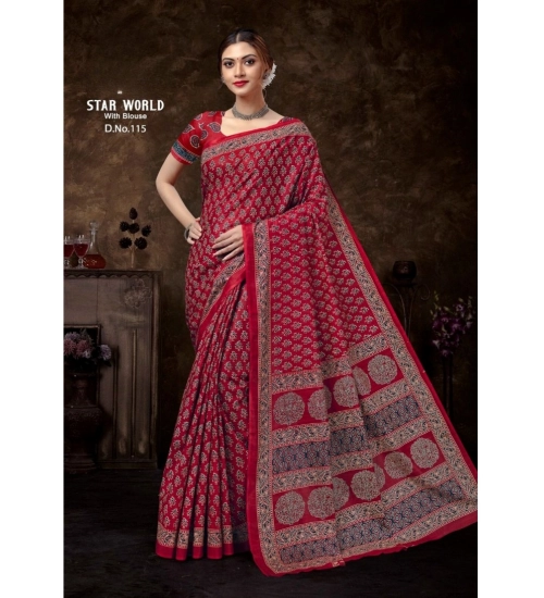 Generic Women's Cotton Printed Saree With Unstitched Blouse 5.5Mtr (Red)