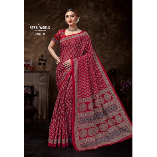 Generic Women's Cotton Printed Saree With Unstitched Blouse 5.5Mtr (Red)