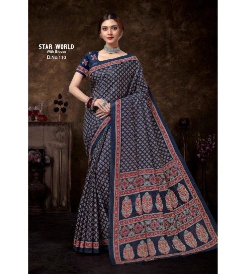 Generic Women's Cotton Printed Saree With Unstitched Blouse 5.5Mtr (Blue)