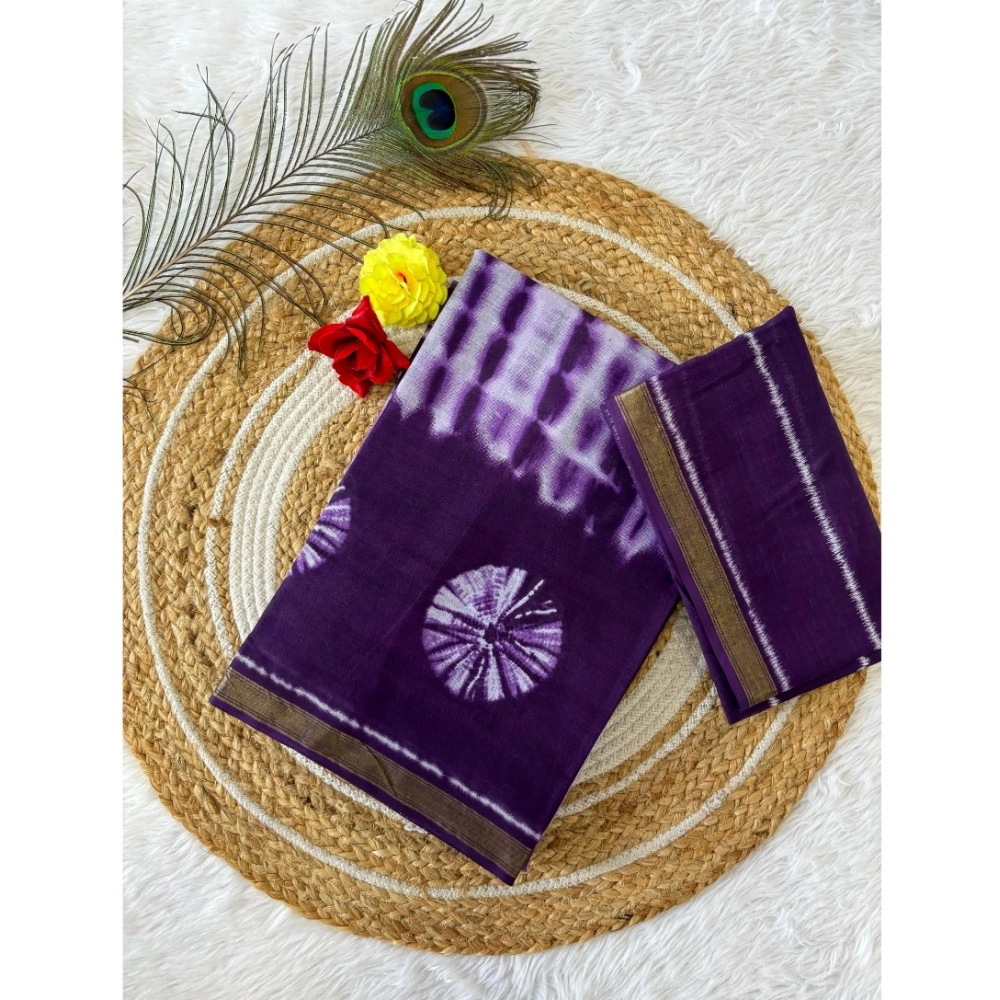 Generic Women's Cotton Printed Saree With Unstitched Blouse 5.5Mtr (Purple)