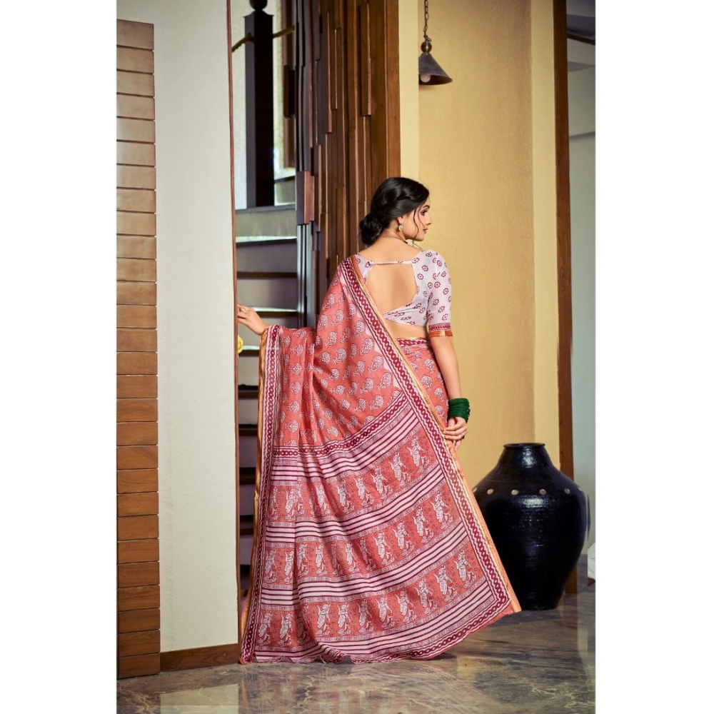 Generic Women's Cotton Printed Saree With Unstitched Blouse 5.5Mtr (Pink)