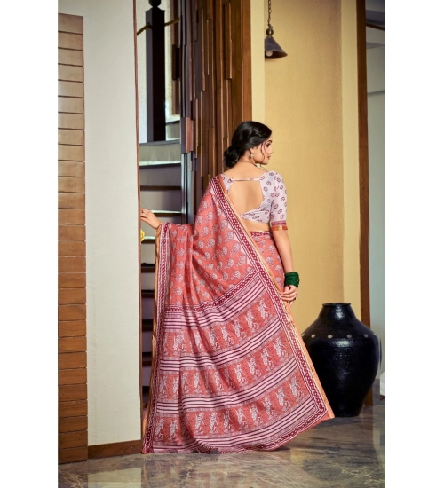 Generic Women's Cotton Printed Saree With Unstitched Blouse 5.5Mtr (Pink)