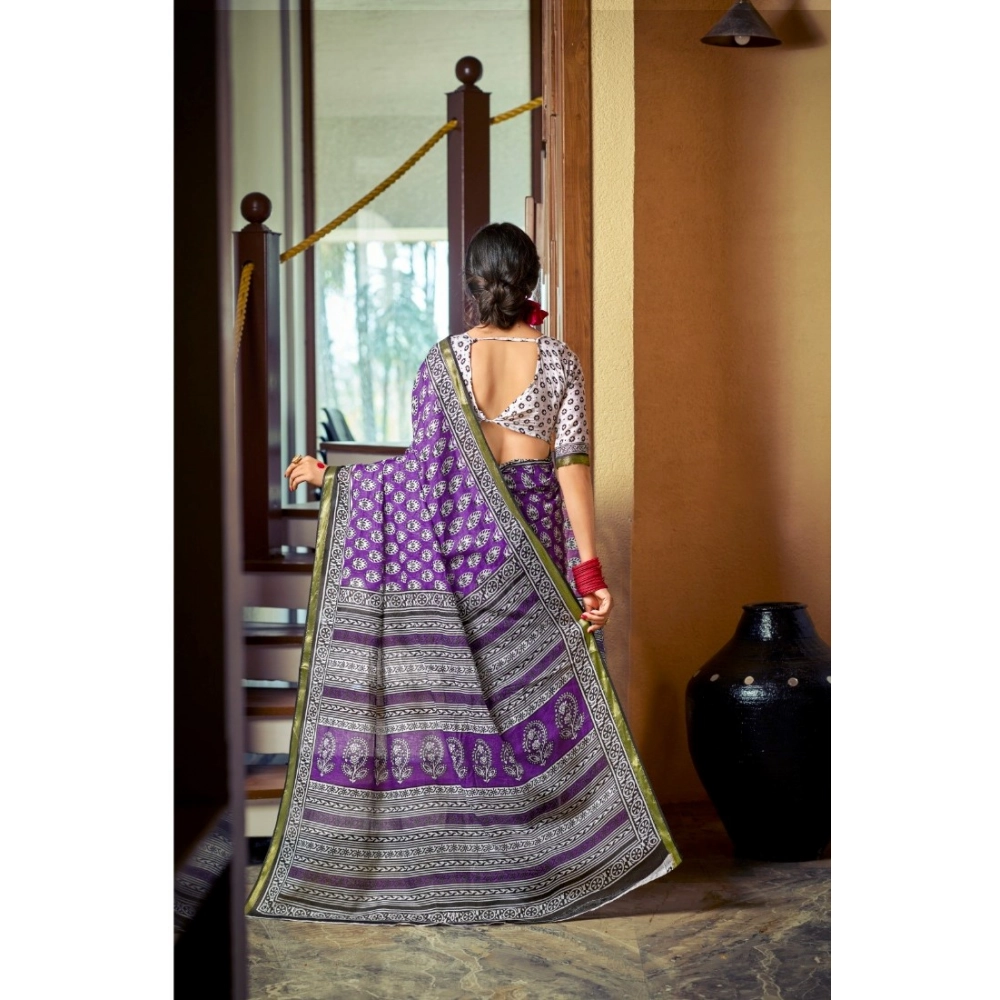 Generic Women's Cotton Printed Saree With Unstitched Blouse 5.5Mtr (Purple)