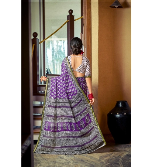 Generic Women's Cotton Printed Saree With Unstitched Blouse 5.5Mtr (Purple)