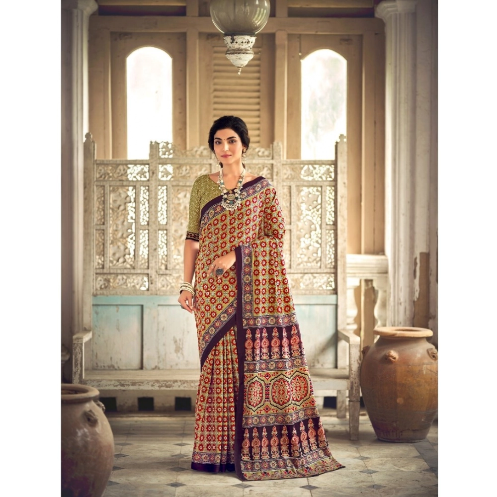 Generic Women's Cotton Printed Saree With Unstitched Blouse 5.5Mtr (Purple)