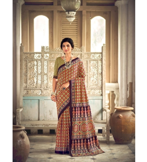 Generic Women's Cotton Printed Saree With Unstitched Blouse 5.5Mtr (Purple)