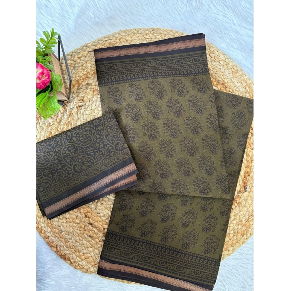 Generic Women's Cotton Printed Saree With Unstitched Blouse 5.5Mtr (Mehendi Green)