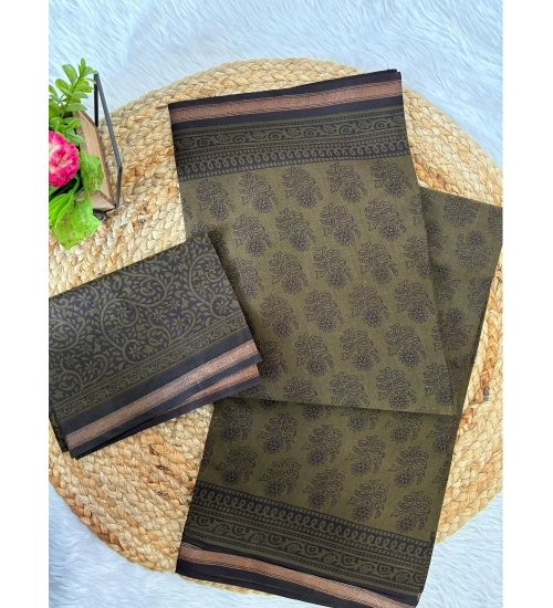 Generic Women's Cotton Printed Saree With Unstitched Blouse 5.5Mtr (Mehendi Green)