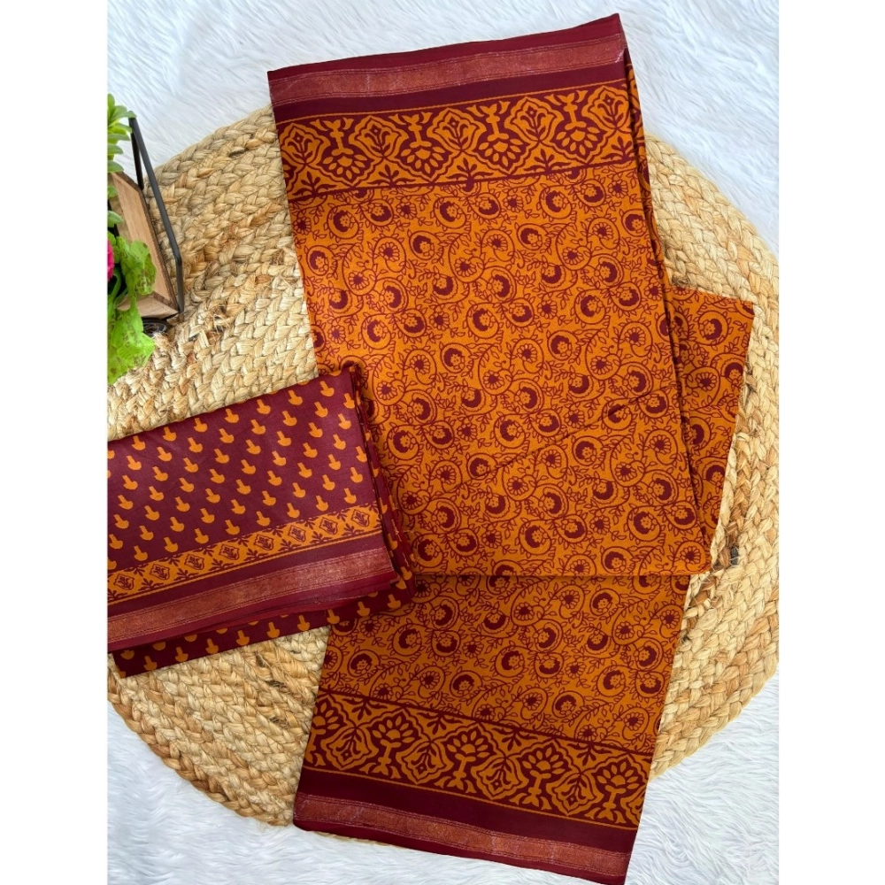 Generic Women's Cotton Printed Saree With Unstitched Blouse 5.5Mtr (Mustard)