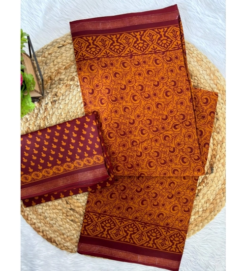 Generic Women's Cotton Printed Saree With Unstitched Blouse 5.5Mtr (Mustard)