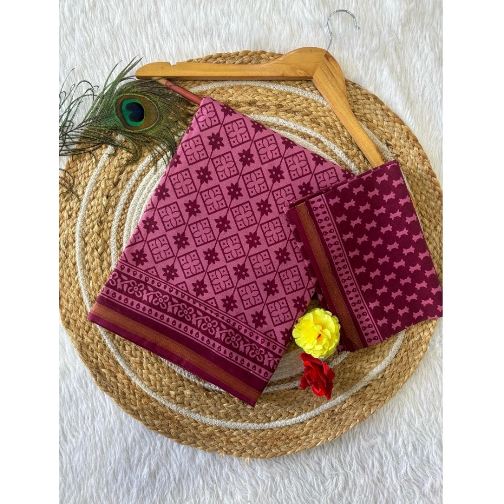 Generic Women's Cotton Printed Saree With Unstitched Blouse 5.5Mtr (Wine)