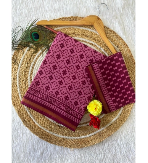 Generic Women's Cotton Printed Saree With Unstitched Blouse 5.5Mtr (Wine)