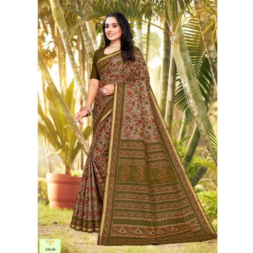 Generic Women's Cotton Printed Saree With Unstitched Blouse 5.5Mtr (Mehendi Green)