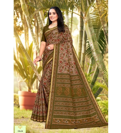 Generic Women's Cotton Printed Saree With Unstitched Blouse 5.5Mtr (Mehendi Green)