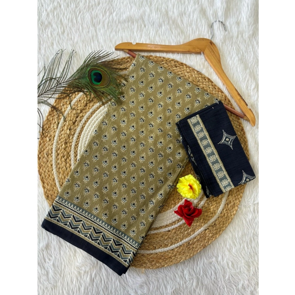 Generic Women's Cotton Printed Saree With Unstitched Blouse 5.5Mtr (Mehendi Green)