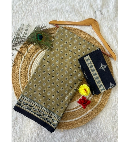 Generic Women's Cotton Printed Saree With Unstitched Blouse 5.5Mtr (Mehendi Green)