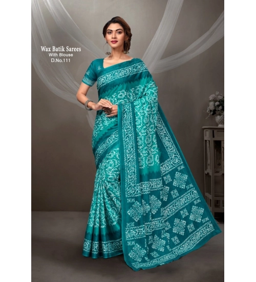 Generic Women's Cotton Printed Saree With Unstitched Blouse 5.5Mtr (Turquoise Green)