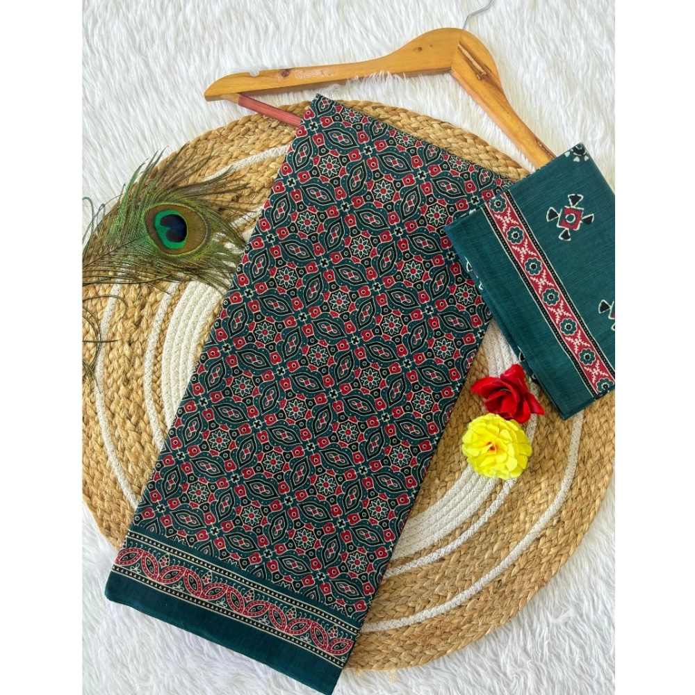 Generic Women's Cotton Printed Saree With Unstitched Blouse 5.5Mtr (Green)