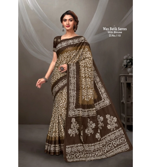Generic Women's Cotton Printed Saree With Unstitched Blouse 5.5Mtr (Brown)