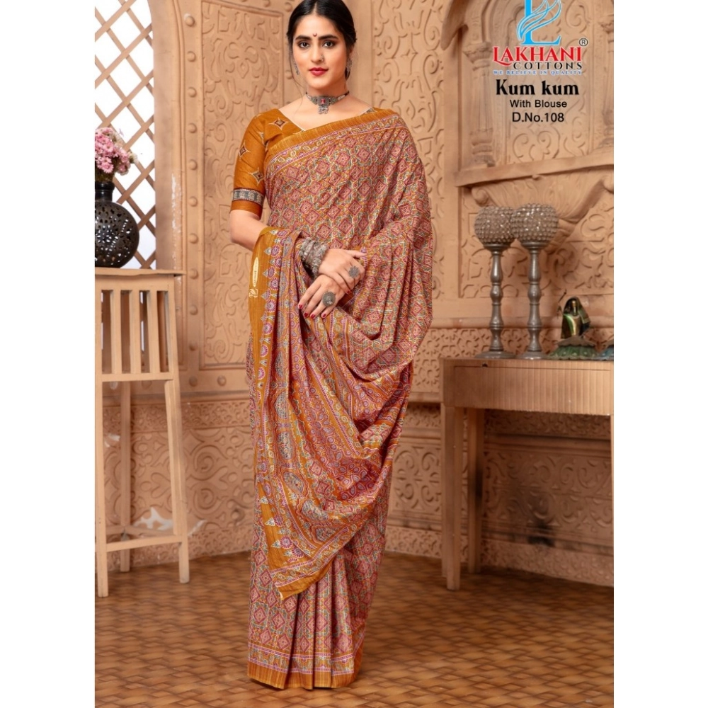 Generic Women's Cotton Printed Saree With Unstitched Blouse 5.5Mtr (Mustard)