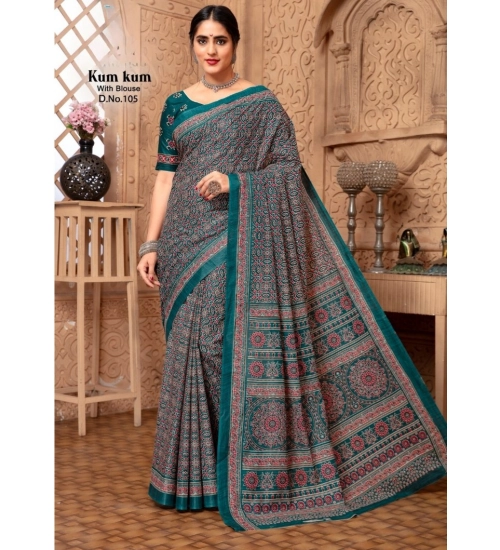 Generic Women's Cotton Printed Saree With Unstitched Blouse 5.5Mtr (Green)