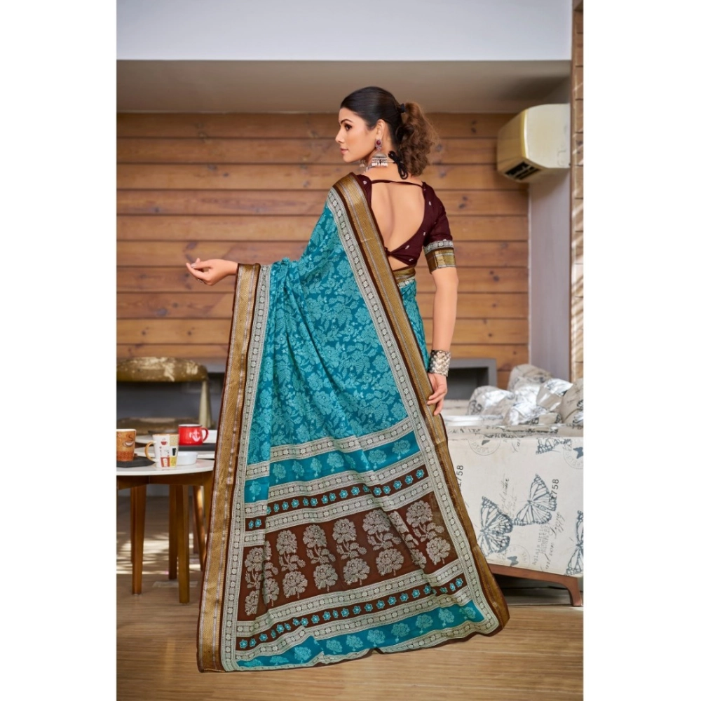 Generic Women's Cotton Printed Saree With Unstitched Blouse 5.5Mtr (Sky Blue)