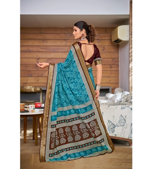 Generic Women's Cotton Printed Saree With Unstitched Blouse 5.5Mtr (Sky Blue)