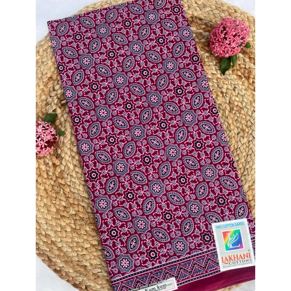Generic Women's Cotton Printed Saree With Unstitched Blouse 5.5Mtr (Wine)
