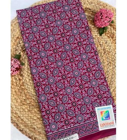 Generic Women's Cotton Printed Saree With Unstitched Blouse 5.5Mtr (Wine)