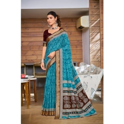 Generic Women's Cotton Printed Saree With Unstitched Blouse 5.5Mtr (Sky Blue)