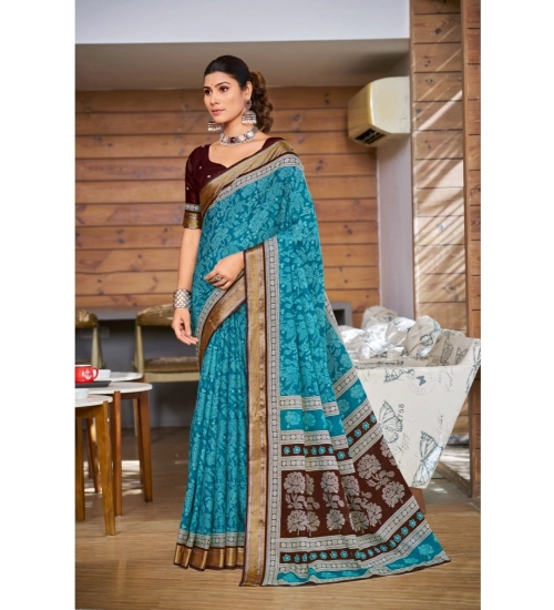 Generic Women's Cotton Printed Saree With Unstitched Blouse 5.5Mtr (Sky Blue)