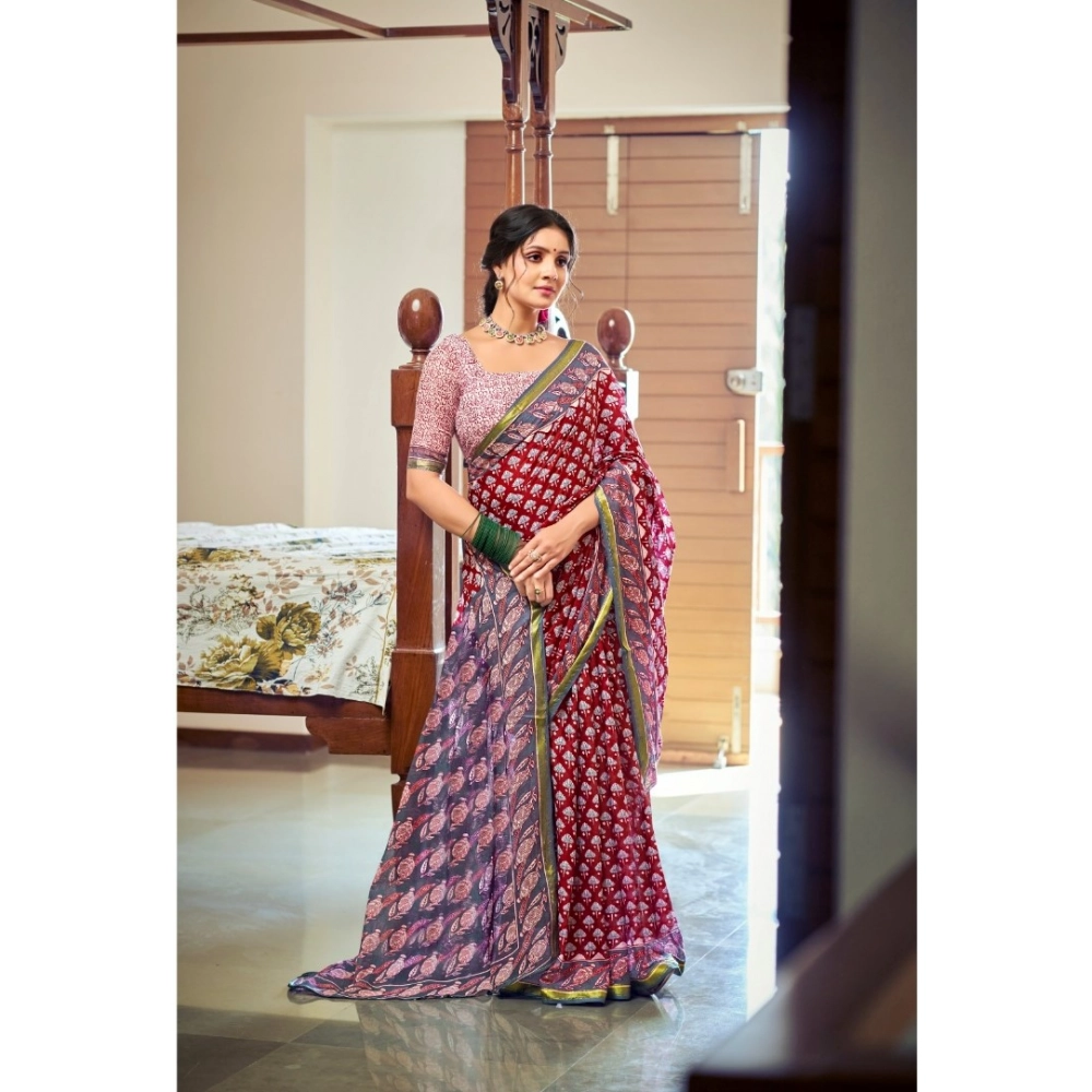 Generic Women's Cotton Printed Saree With Unstitched Blouse 5.5Mtr (Red)