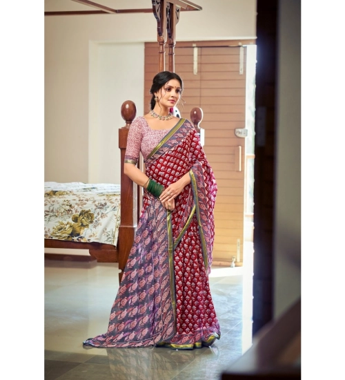 Generic Women's Cotton Printed Saree With Unstitched Blouse 5.5Mtr (Red)