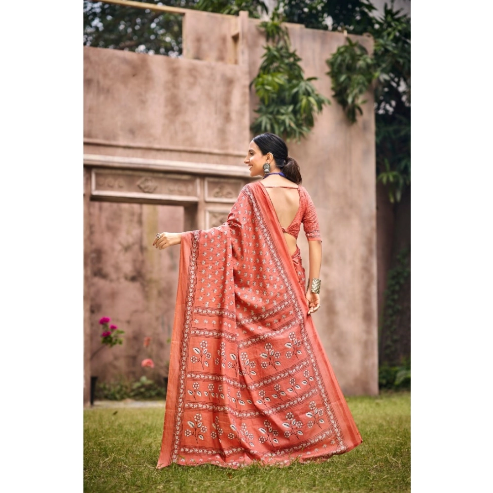 Generic Women's Cotton Printed Saree With Unstitched Blouse 5.5Mtr (Peach)
