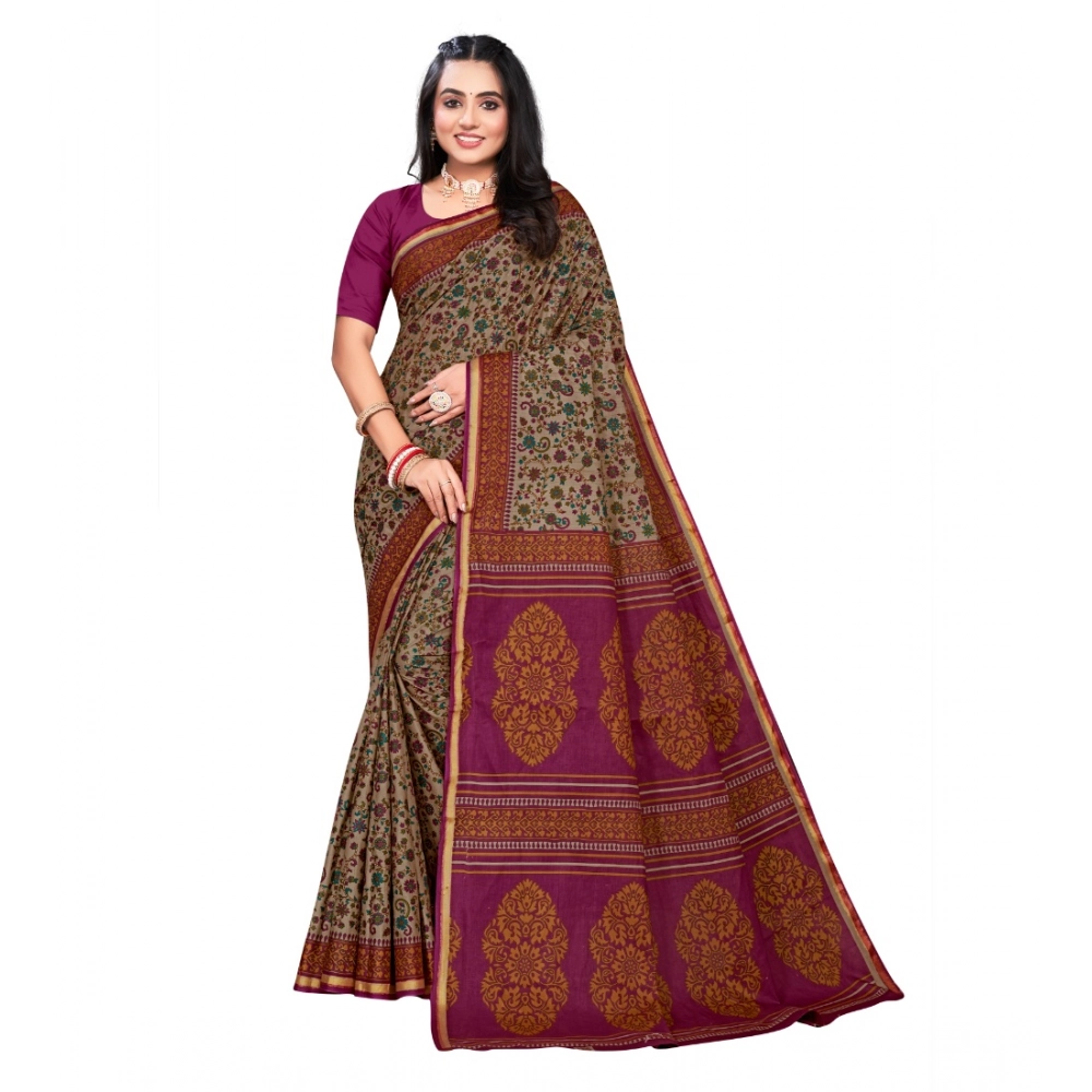 Generic Women's Cotton Printed Saree With Unstitched Blouse 5.5Mtr (Purple)