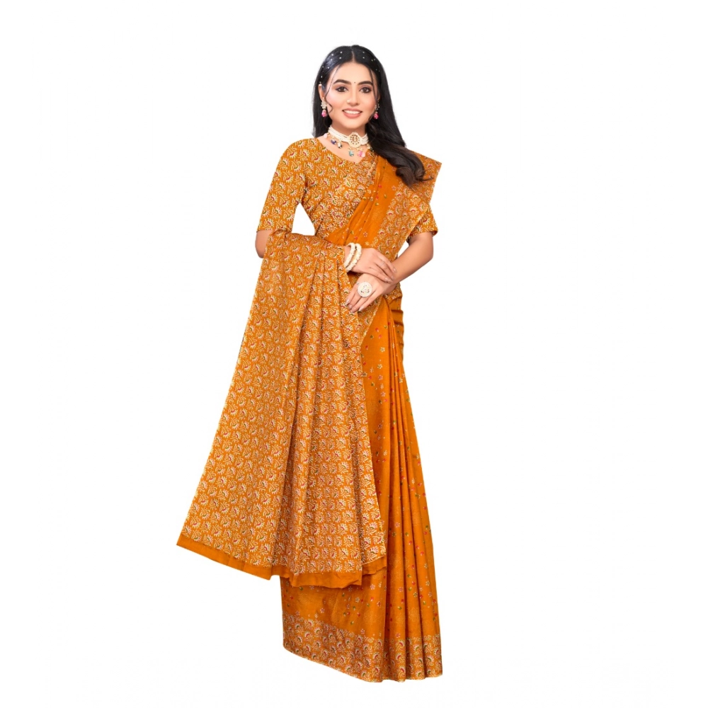 Generic Women's Cotton Printed Saree With Unstitched Blouse 5.5Mtr (Mustard)
