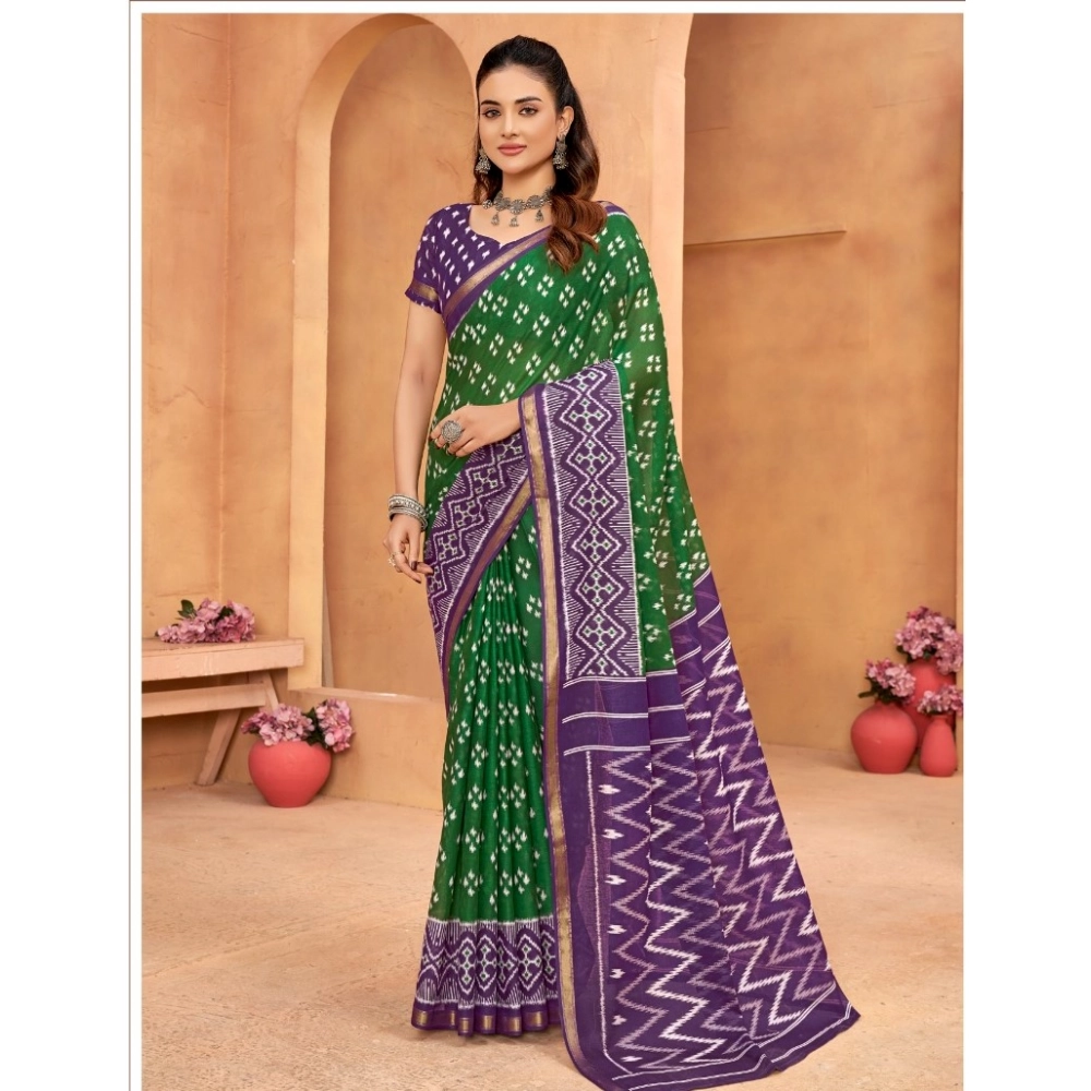 Generic Women's Cotton Printed Saree With Unstitched Blouse 5.5Mtr (Green)
