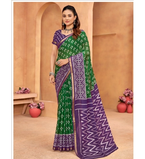 Generic Women's Cotton Printed Saree With Unstitched Blouse 5.5Mtr (Green)
